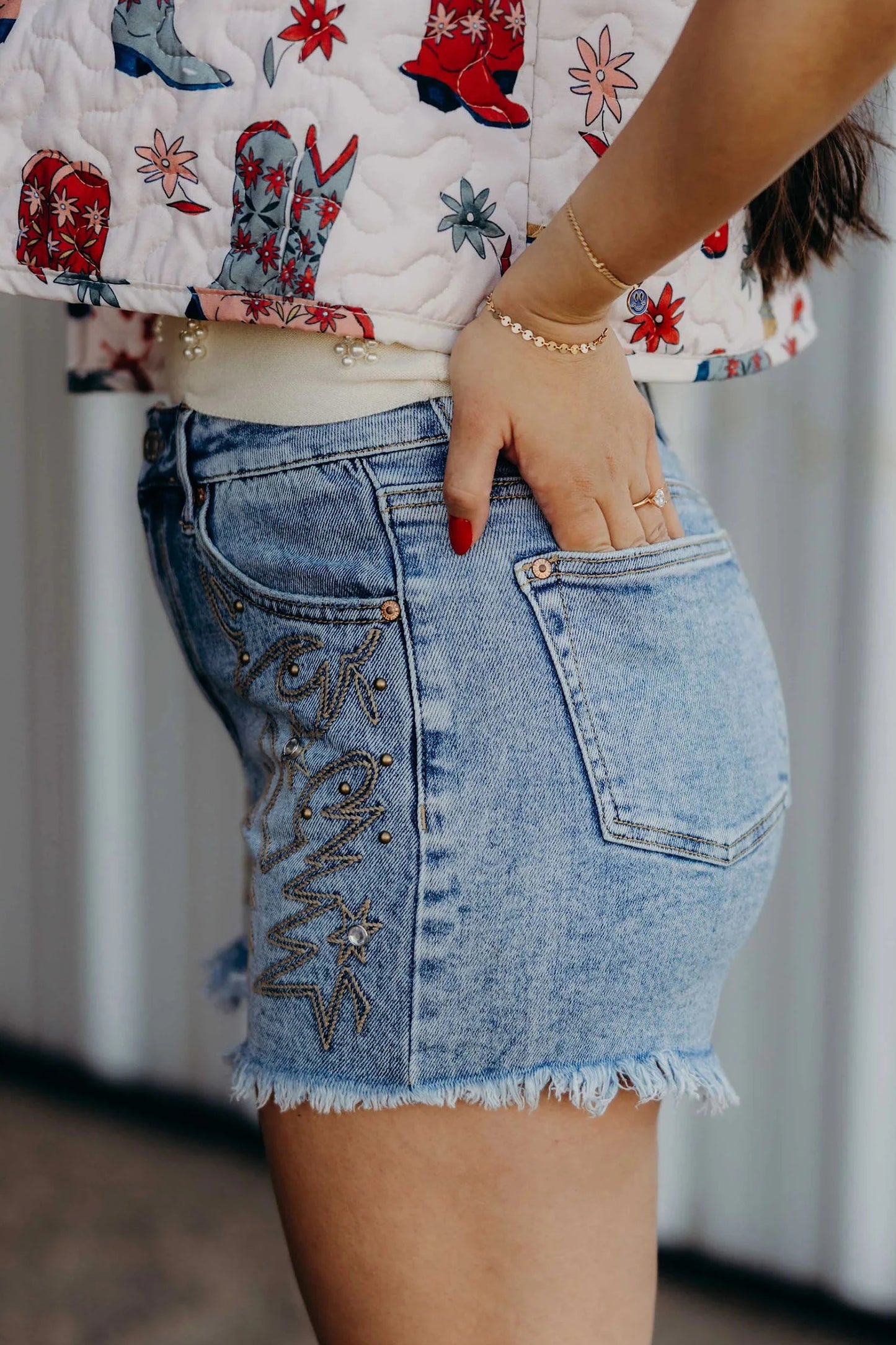Dusk Blue Western Embroidered Retro Beaded Detail Denim Short