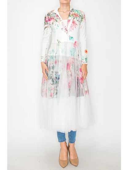 Chic Contrast Longline Blazer Jacket with Mesh Tulle Panel - 4773IV Rose
