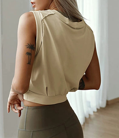Solid Color Cropped Crew Neck Sleeveless Top   (Apricot)