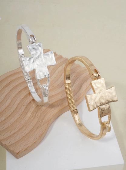 Solid Cross Hammered Bangle Cuff Bracelet