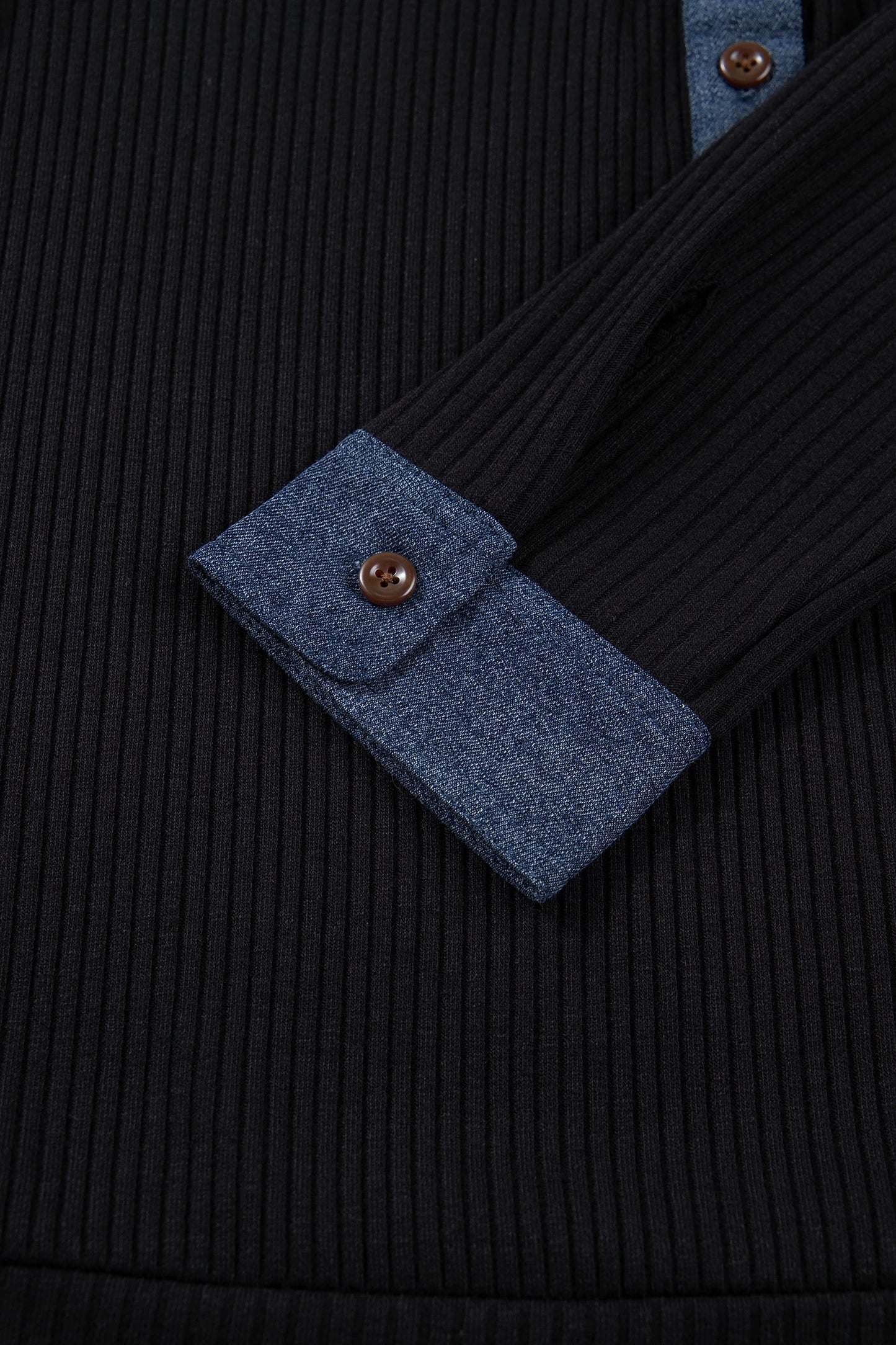 Black Ribbed Knit Contrast Denim Patchwork Hooded Long Sleeve Top