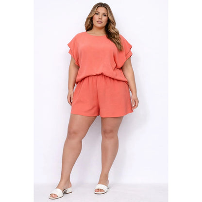 Plus Size Flutter Sleeve Top and Elastic Waist Shorts Matchi