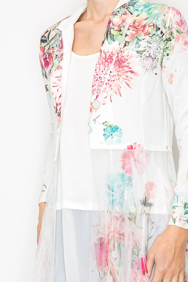 Chic Contrast Longline Blazer Jacket with Mesh Tulle Panel - 4773IV Rose