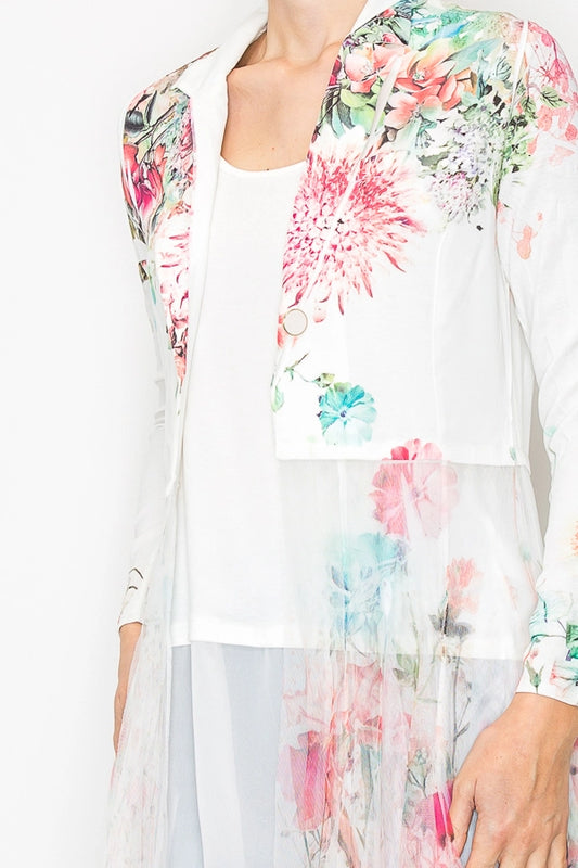 Chic Contrast Longline Blazer Jacket with Mesh Tulle Panel - 4773IV Rose