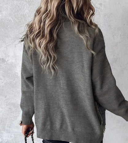 Gray Denim Raw Edge Sweater Patchwork Coat