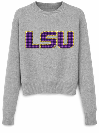 Louisiana State University Crystal Block Letters Gray Crewneck Sweater
