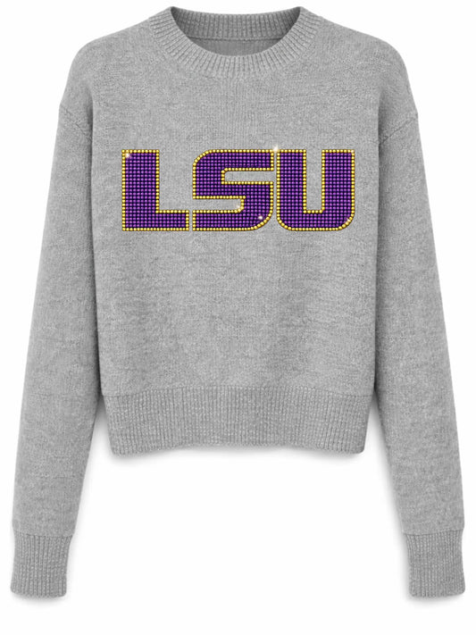 Louisiana State University Crystal Block Letters Gray Crewneck Sweater