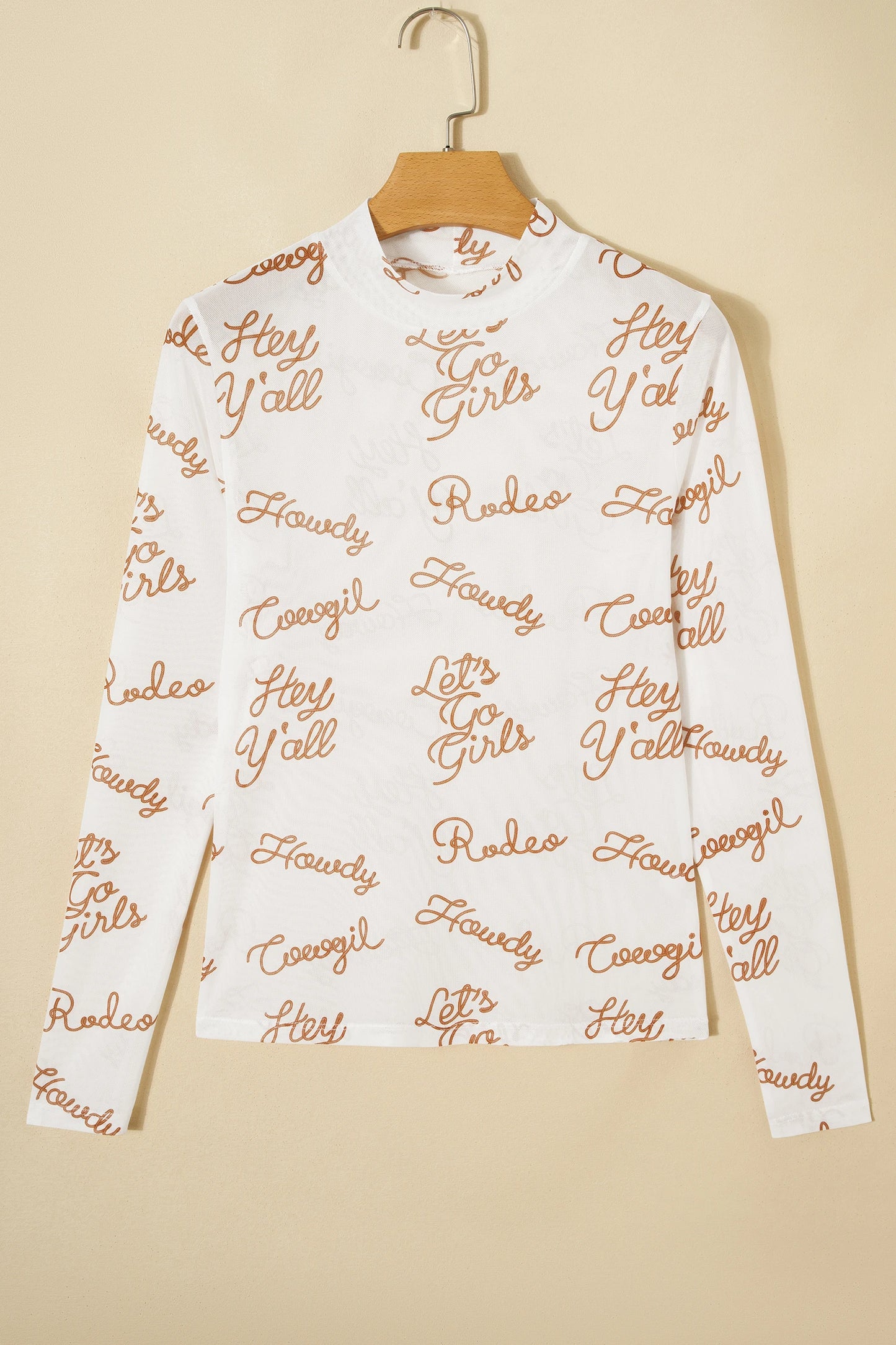 White Howdy Hey Yall Mesh High Neck Long Sleeve Top