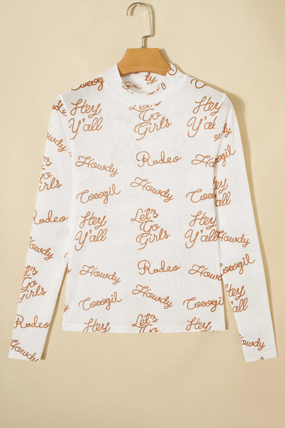 White Howdy Hey Yall Mesh High Neck Long Sleeve Top