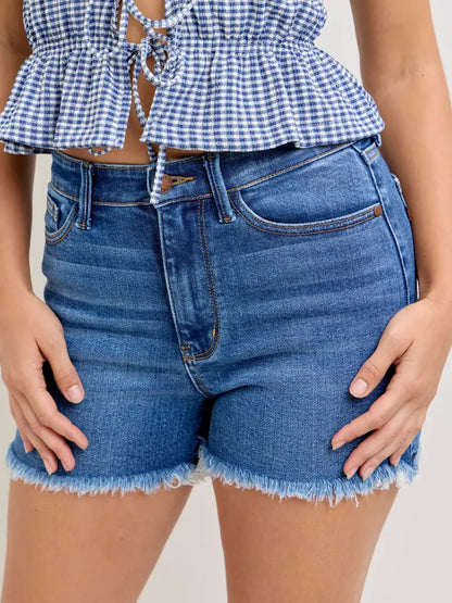 Judy Blue High Waist Dark Wash Slim Fray Shorts