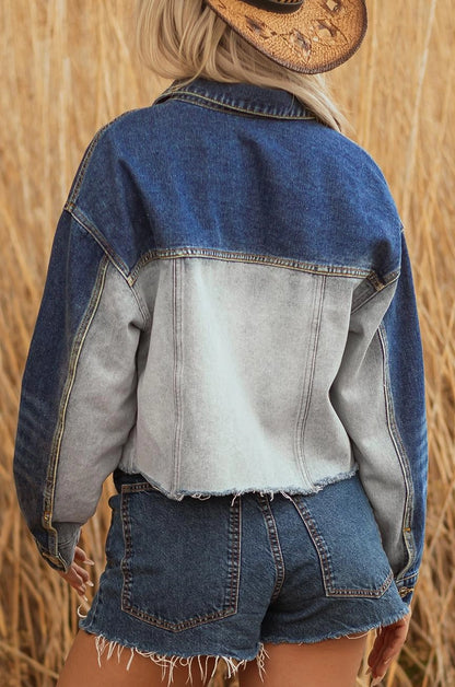 Dusk Blue Color Block Patchwork Flap Detail Distress Denim Jacket