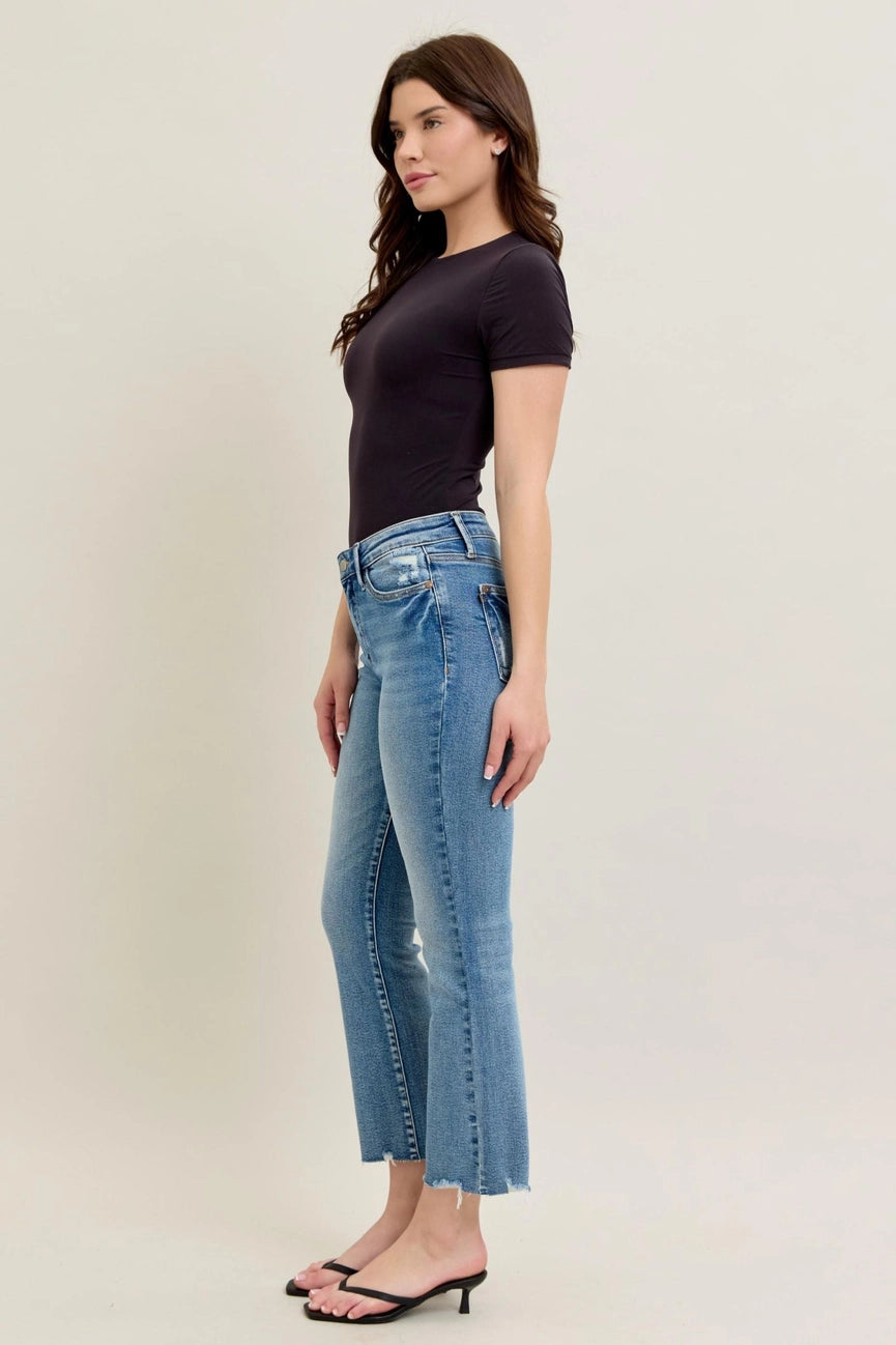 Judy Blue Mid Rise Vintage Wash Destroy Hem Kick Flare