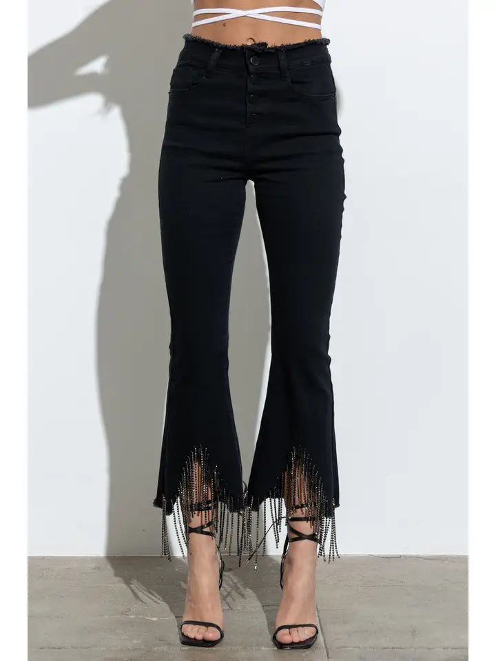 Rhinestone Fringe Denim Pants (Black)