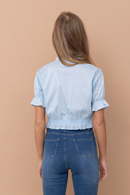 Cropped collared blouse Ruffled hem and sleeves Button up closure