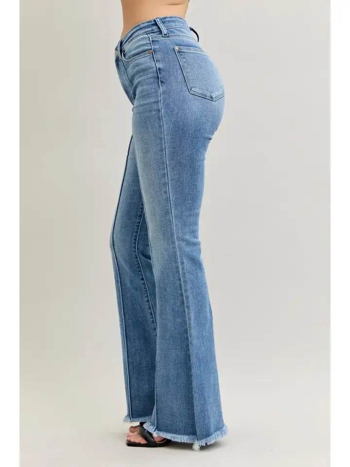 High Waisted Flare Front Pintuck Detail & Fray Hem