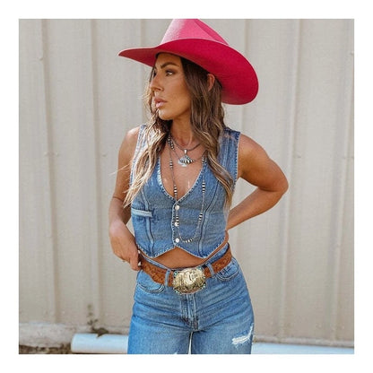 Sleeveless V-Neck Denim Vest in Solid Color