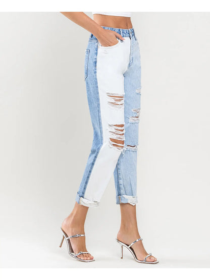 Super High Rise Color Block Cuffed Mom Jeans (Vervet-Emma)