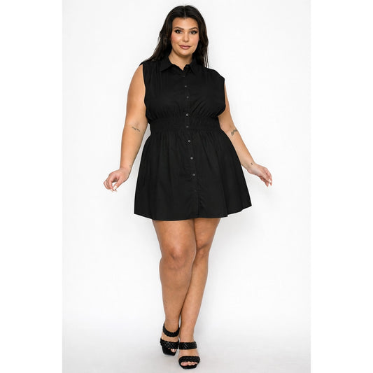 Plus Size Collared Button Down Smock Waist Mini Dress