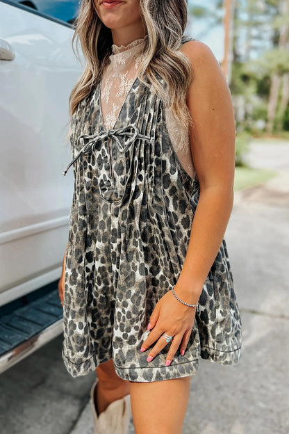 Mineral Wash Leopard print Pleated Bust V Neck Sleeveless Denim Romper