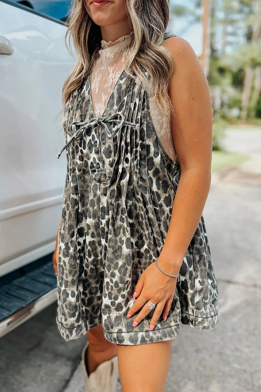 Mineral Wash Leopard print Pleated Bust V Neck Sleeveless Denim Romper