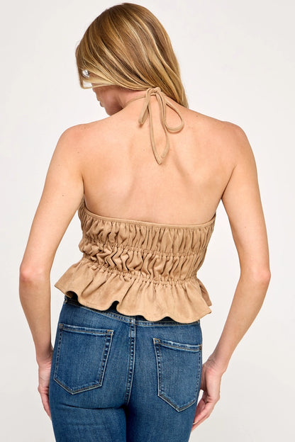 Ruched Suede Halter Crop Top Double Front Tie
