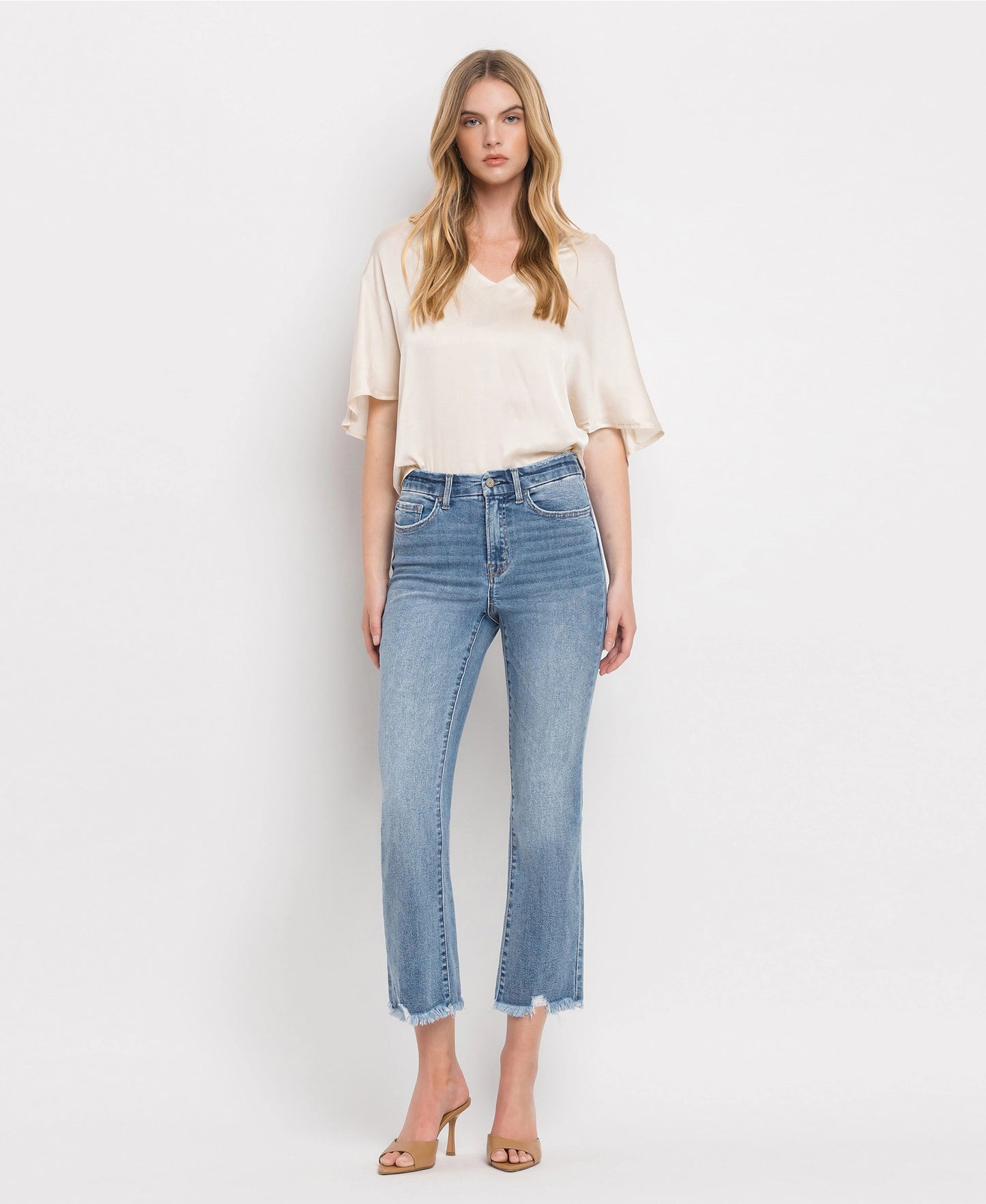 High Rise Frayed Hem Crop Flare Jeans (Vervet-BELLA)