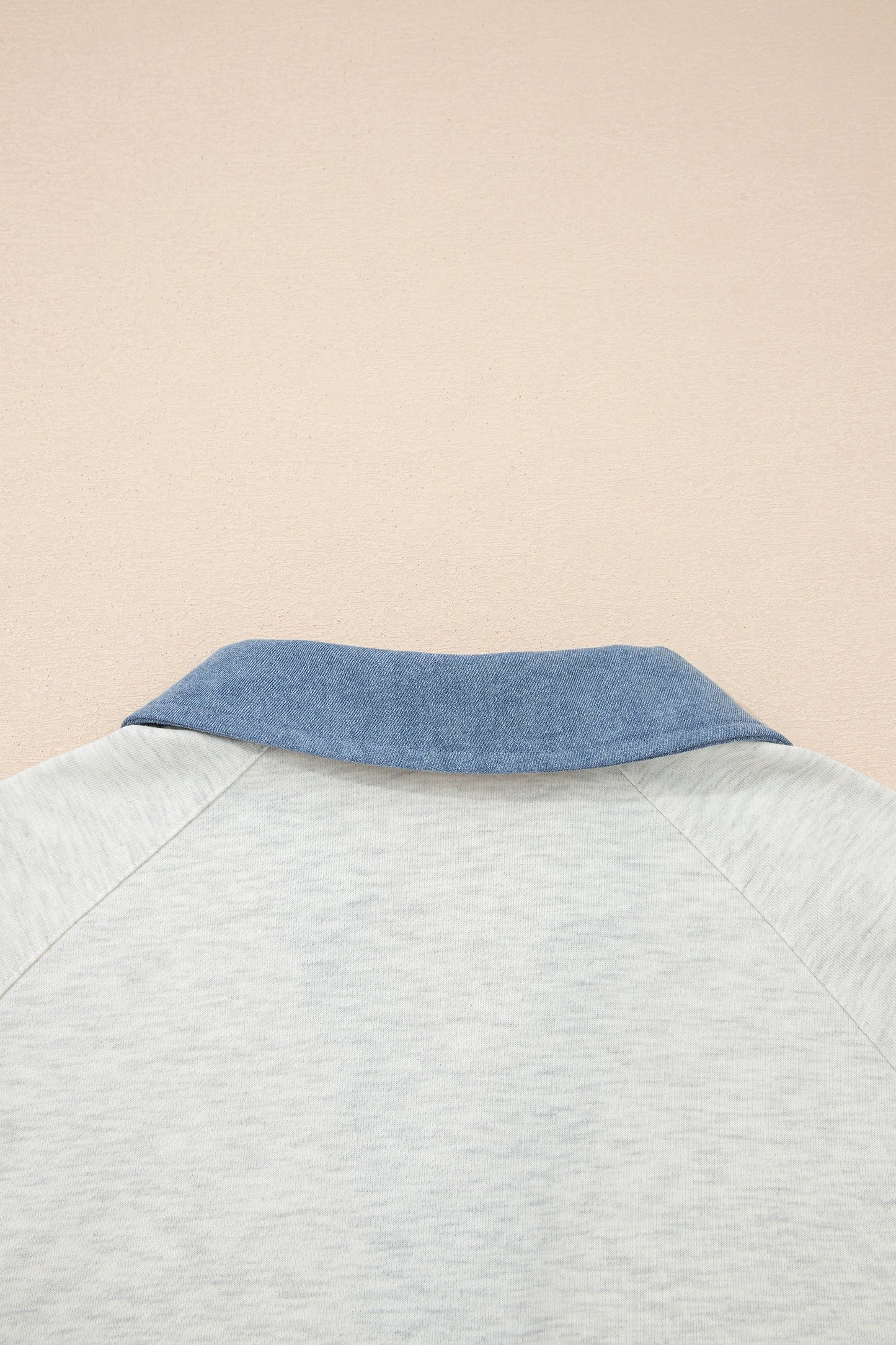 Light Grey Denim Patchwork Buttoned Polo Collar Long Sleeve Top