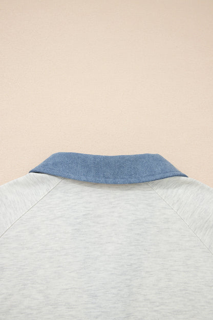 Light Grey Denim Patchwork Buttoned Polo Collar Long Sleeve Top