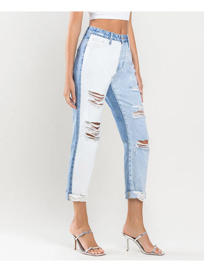Super High Rise Color Block Cuffed Mom Jeans (Vervet-Emma)