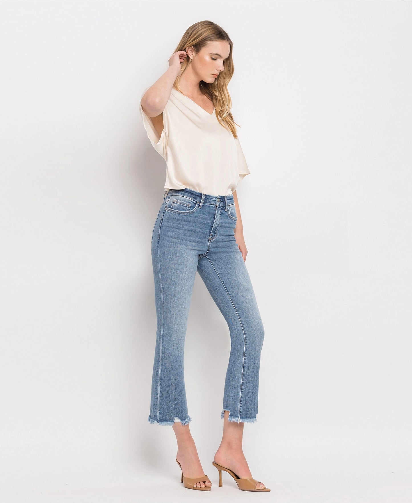 High Rise Frayed Hem Crop Flare Jeans (Vervet-BELLA)