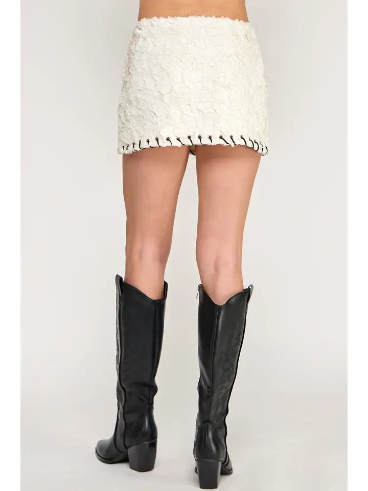 Feather Mini Skirt - Suede Fur Whipstitch Mid Waist  (Runs Small)