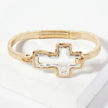 Hammered-Texture Metal Dual-Tone Cross-Shaped Hook-Clasp Hinged Bracelet