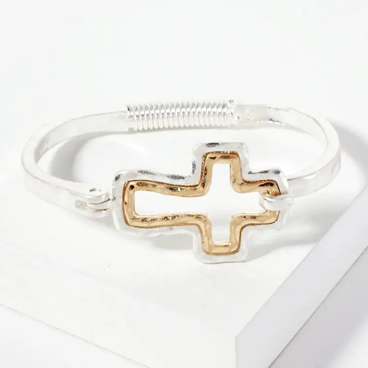 Hammered-Texture Metal Dual-Tone Cross-Shaped Hook-Clasp Hinged Bracelet