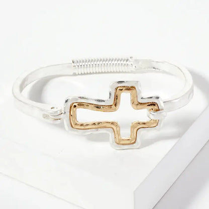 Hammered-Texture Metal Dual-Tone Cross-Shaped Hook-Clasp Hinged Bracelet