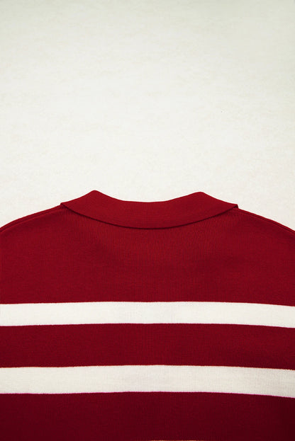 Red Stripe Collared Split Neck Sweater Vest