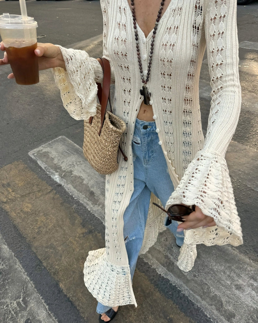 Y2K Hollow Bell Sleeves Crochet Maxi Cardigan