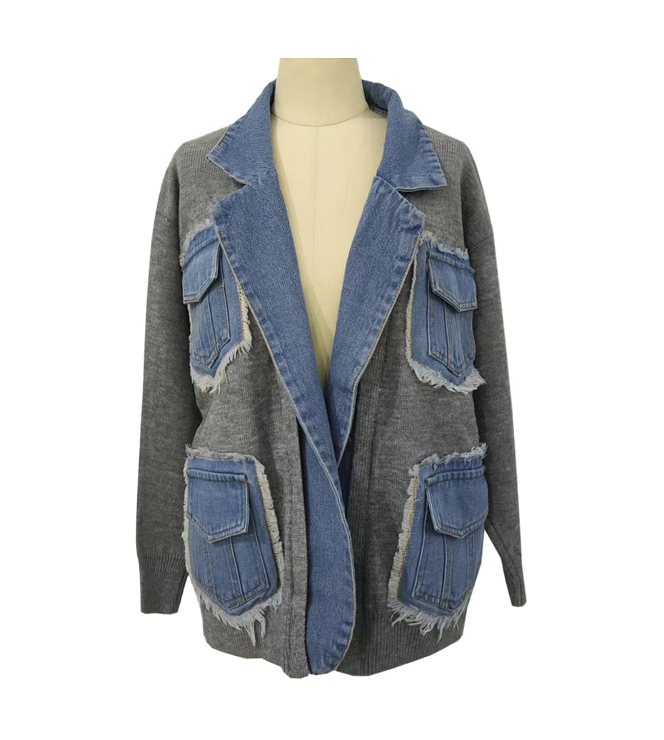 Gray Denim Raw Edge Sweater Patchwork Coat