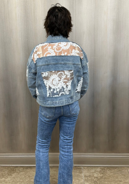 Lace Inset Raw Detail Oversized Denim Jacket