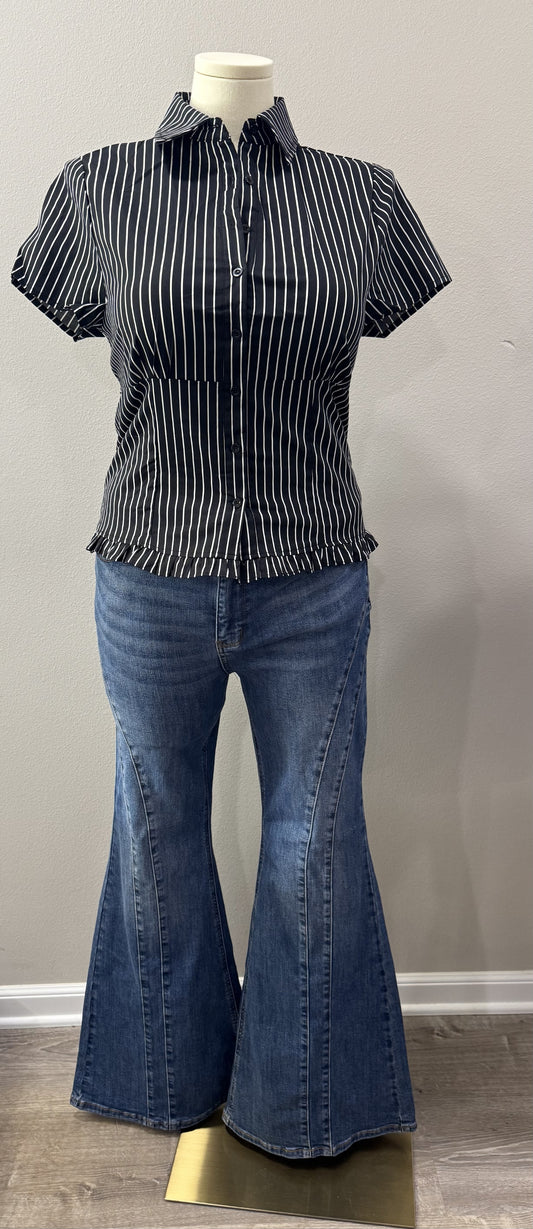 Plus Size Stripe Collared Button Down Ruffle Trim Smocked Back